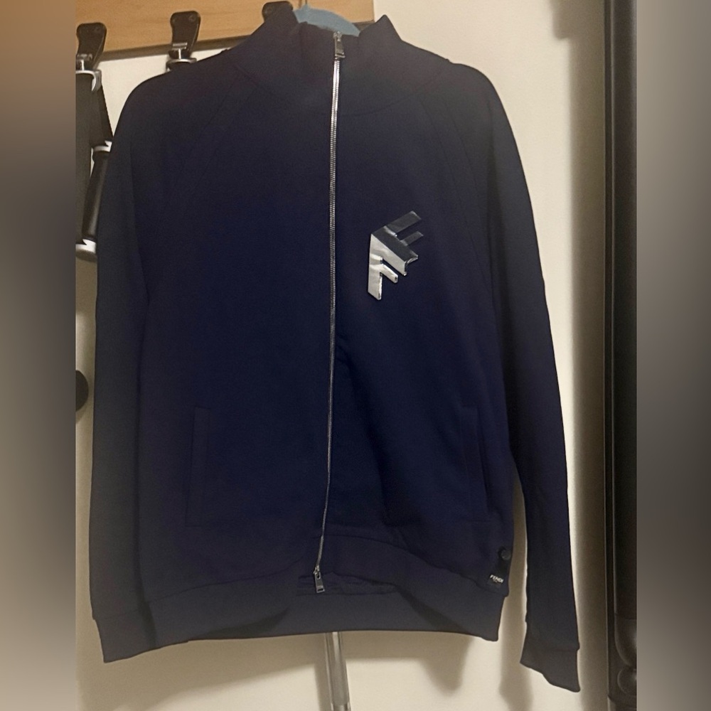 Fendi Dark Blue Zip-Up Sweater with Silver Logo